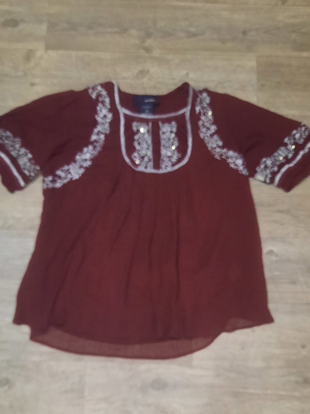 Denim 24/7 Burgundy Embroidered Peasant Blouse